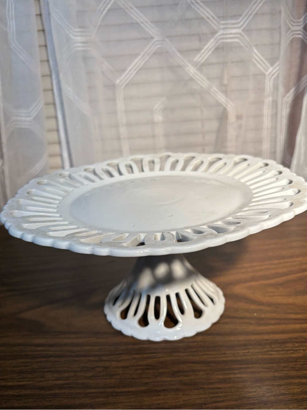 White Ceramic Delicate Lattice rim & Base Pedestal Cake Stand 5”H 10”D